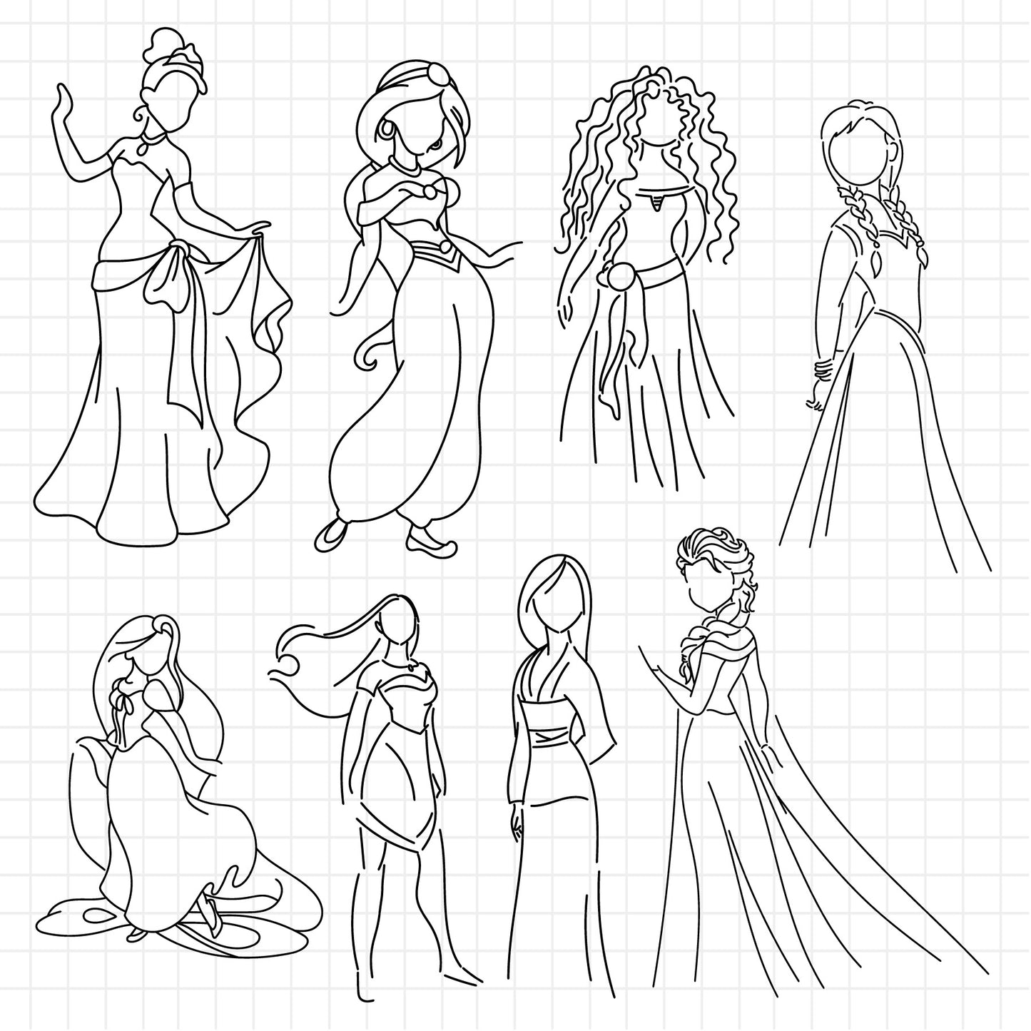 COD1255 - Disney Princess outline bundle, Disney princess clipart Svg, Png, Eps, Dxf, Jpeg, vector.