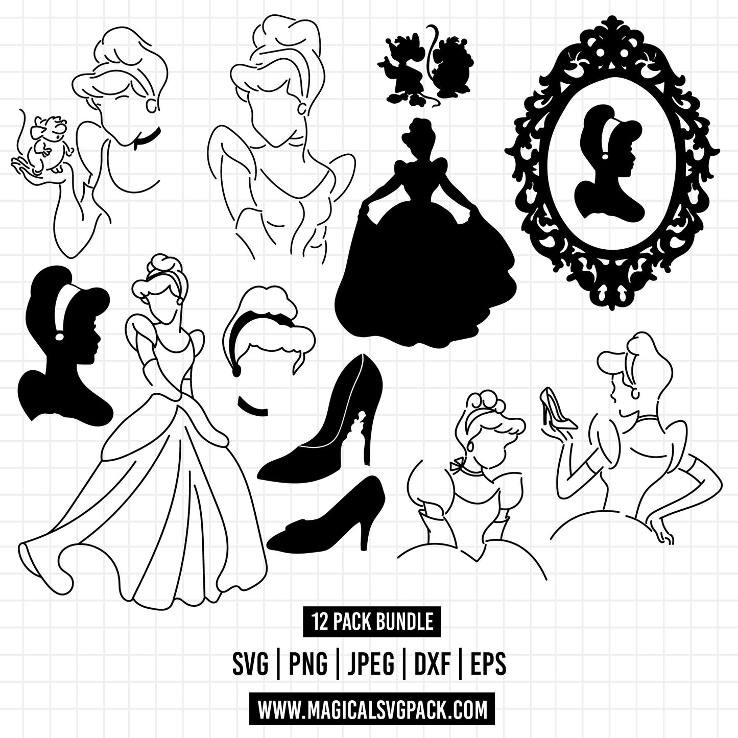COD1272 - Cinderella silhouettes bundle, Disney princess clipart Svg, Png, Eps, Dxf, Jpeg, vector.
