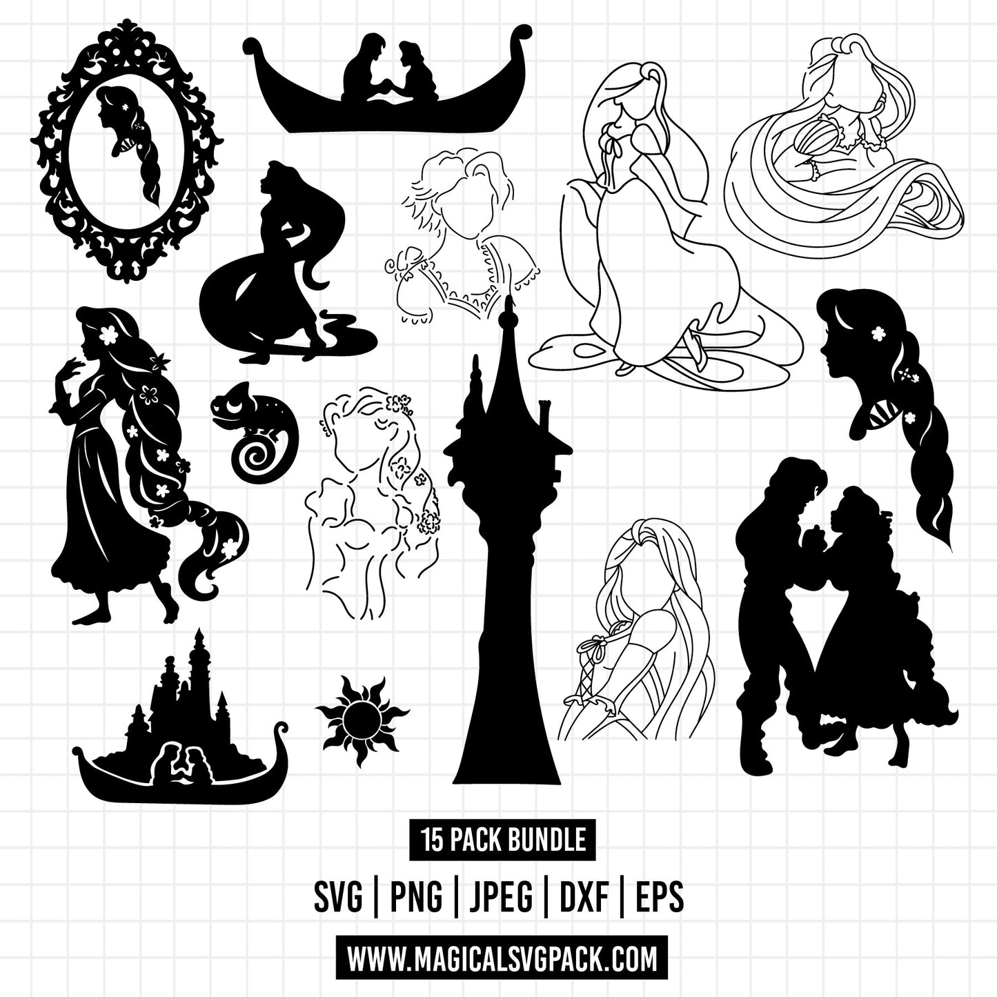 COD1273 - Tangled silhouettes bundle, Disney princess clipart Svg, Png, Eps, Dxf, Jpeg, vector.