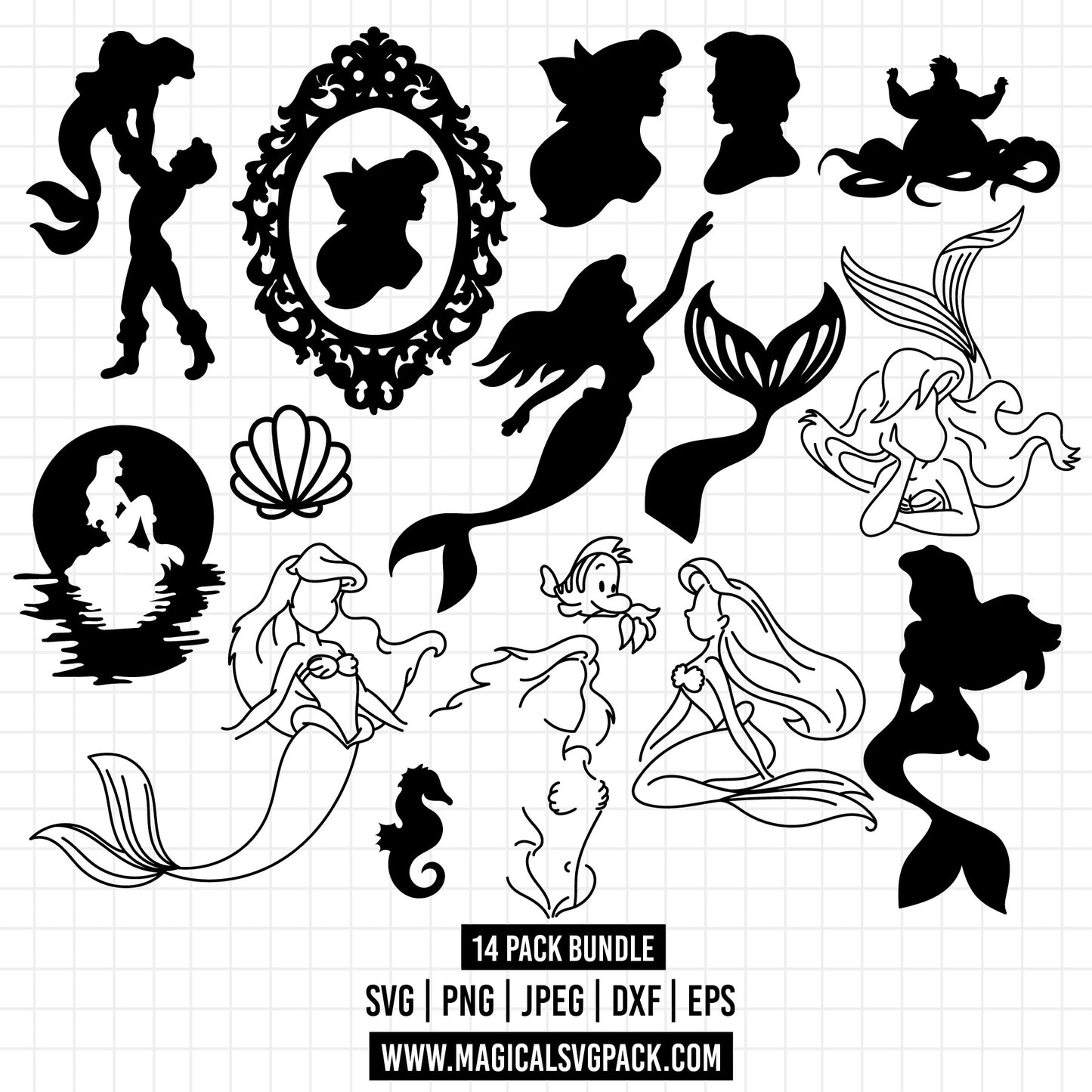 COD1345 - The Little mermaid bundle, Disney Princess Ariel Svg, Png, Eps, Dxf, Jpeg, vector.