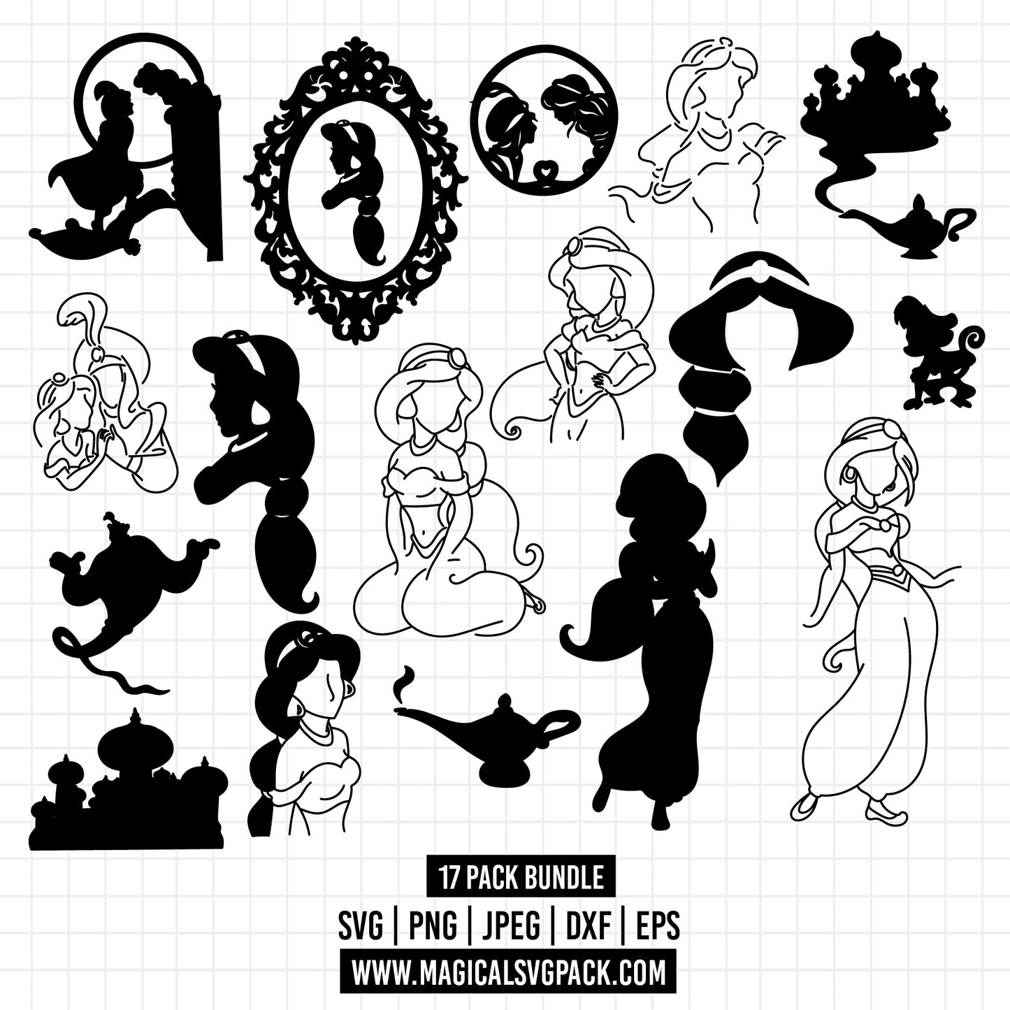 COD1360 - Aladdin Silhouettes bundle, Disney clipart Svg, Png, Eps, Dxf, Jpeg, vector.