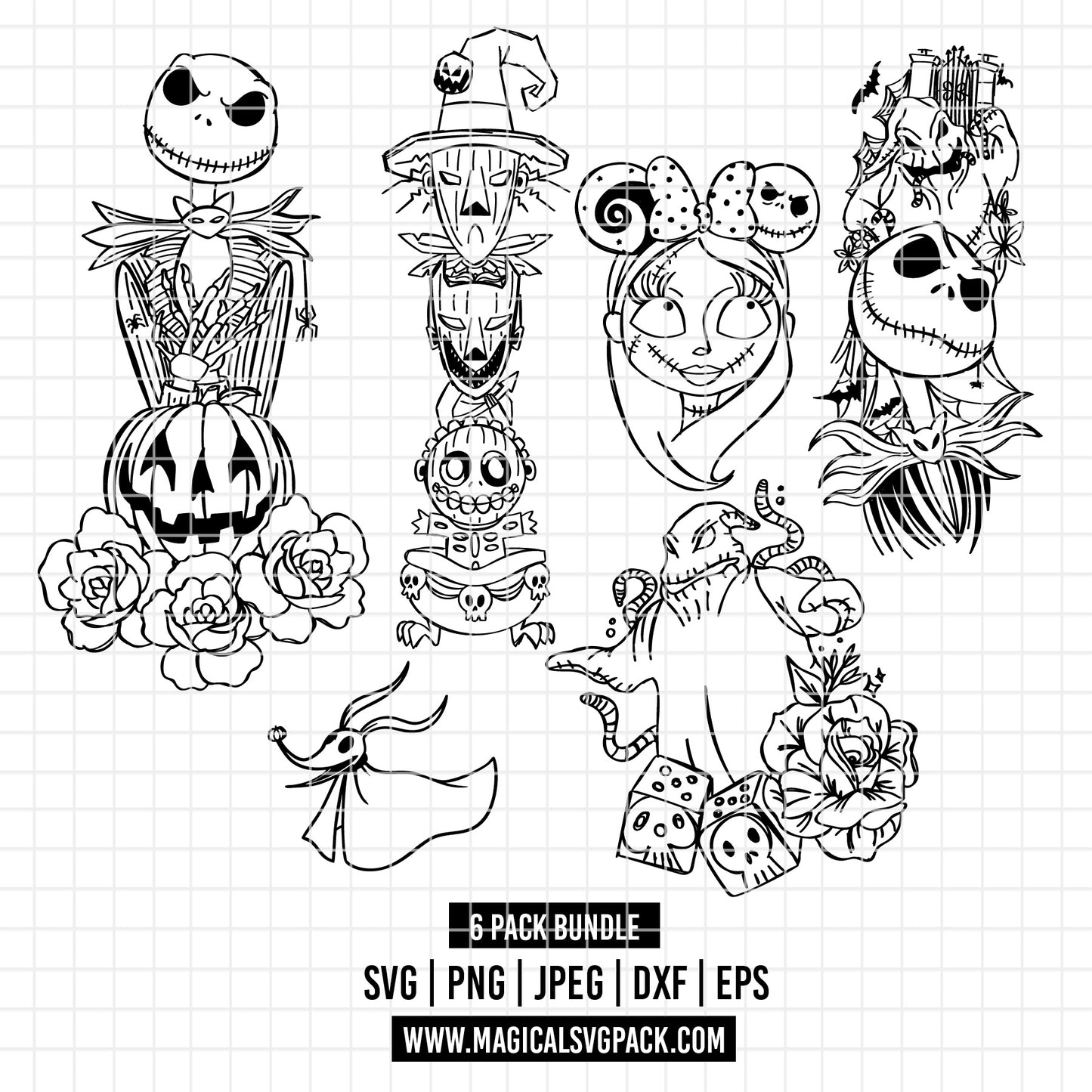 COD2198 - Sally, Jack, Ooguie Boogie and Zero, Nightmare Before Christmas pack bundle, Disney clipart Svg, Png, Eps, Dxf, Jpeg, vector.