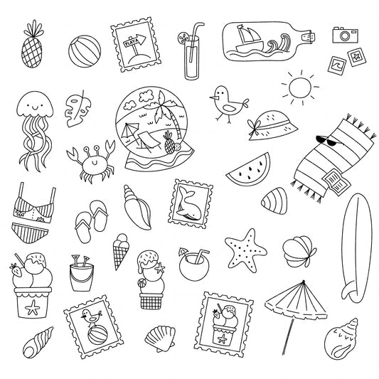 COD6042 - Summer Doodle SVG PNG Bundle | 68 Beach Clipart Hand Drawn Line Art | Flamingo Tropical Vacation | Cricut Instant Download