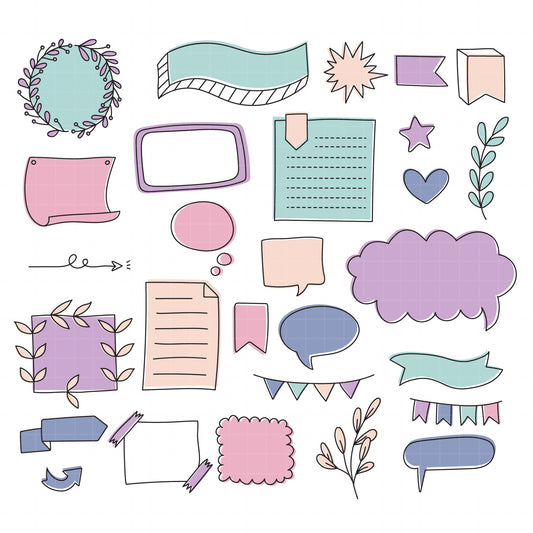 COD6155 - Bullet Journal SVG PNG Bundle | 113 Planner Doodle Clipart Frames Banners Washi Tape Speech Bubbles | Pastel Journal Elements |Cricut