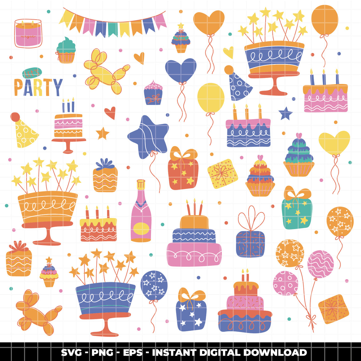 COD6304 - Birthday SVG Bundle PNG EPS, 366 Colorful Party Clipart.