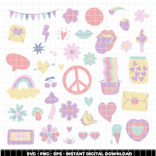 COD6321 - Groovy SVG Bundle PNG EPS, 272 Retro 70s Clipart, Peace Sign Flower Power svg, Hippie Rainbow