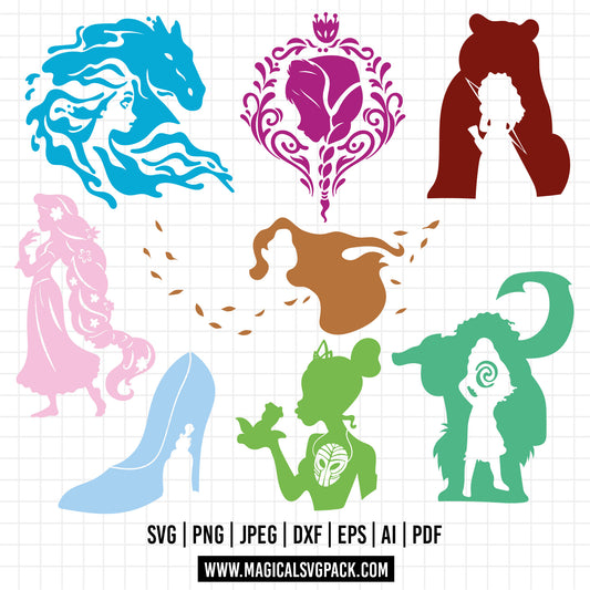 COD961 - Disney Princess Silhouettes bundle, Disney princess clipart Svg, Png, Eps, Dxf, Jpeg, vector.