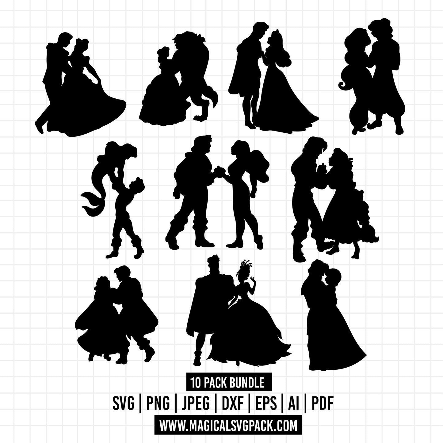 COD1202 - Disney Princess & Princesses Silhouettes bundle, Disney princess clipart Svg, Png, Eps, Dxf, Jpeg, vector.