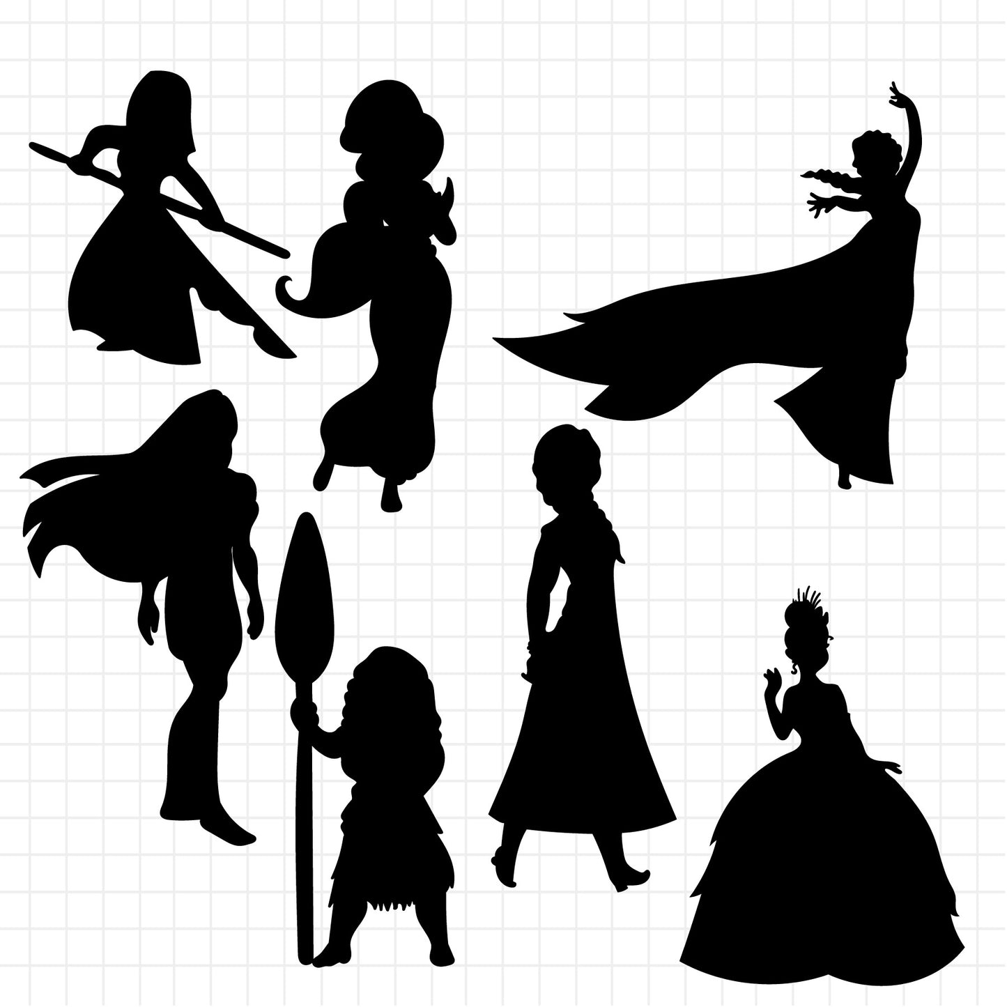 COD1212 - Disney Princess silhouettes bundle, Disney princess clipart Svg, Png, Eps, Dxf, Jpeg, vector.