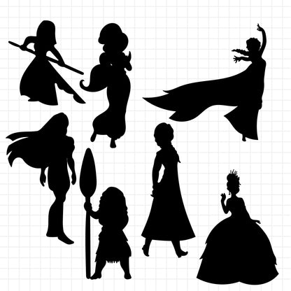 COD1212 - Disney Princess silhouettes bundle, Disney princess clipart Svg, Png, Eps, Dxf, Jpeg, vector.