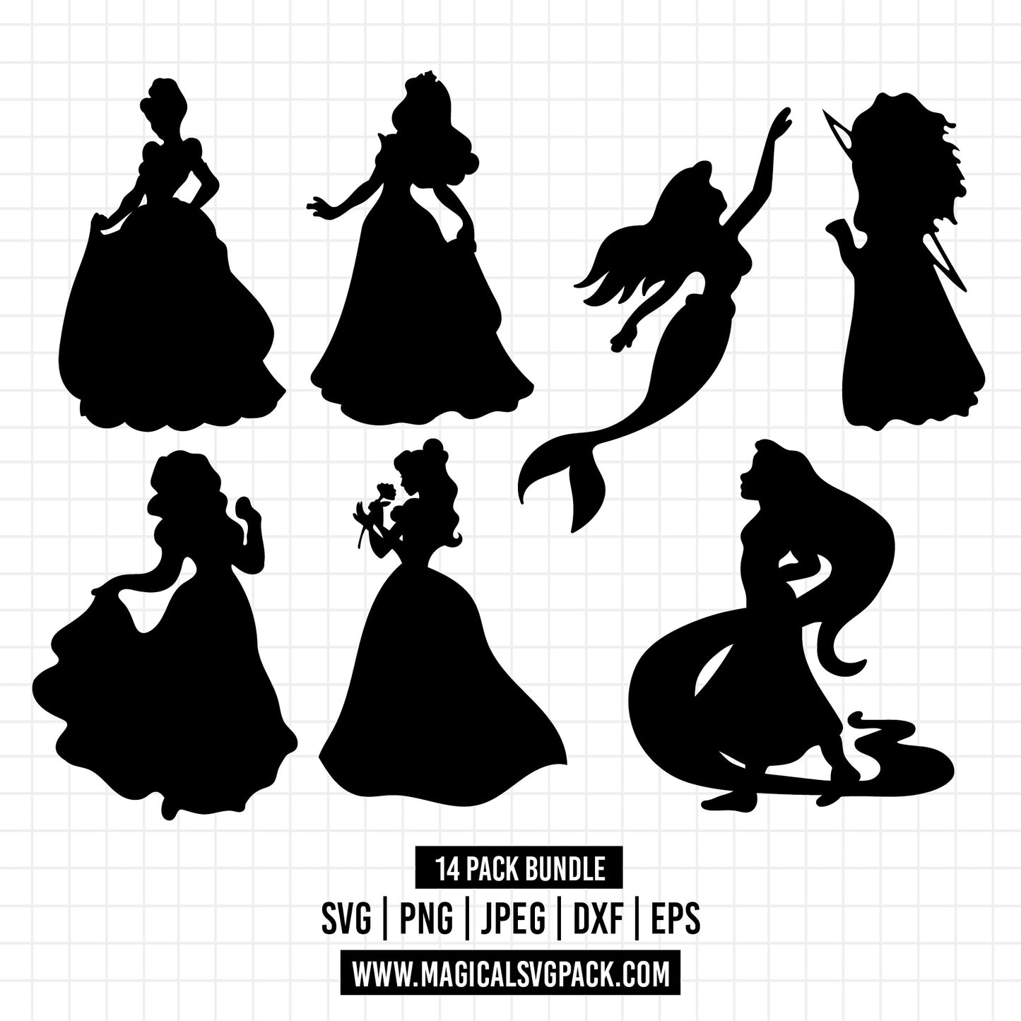 COD1212 - Disney Princess silhouettes bundle, Disney princess clipart Svg, Png, Eps, Dxf, Jpeg, vector.