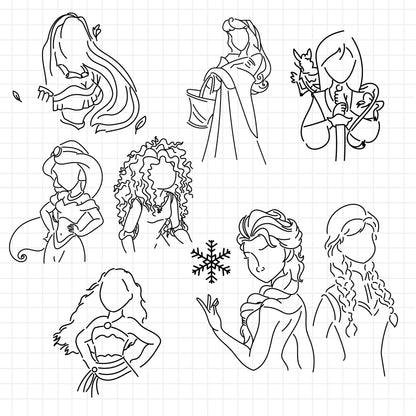 COD1215 - Disney Princess outline bundle, Disney princess clipart Svg, Png, Eps, Dxf, Jpeg, vector.