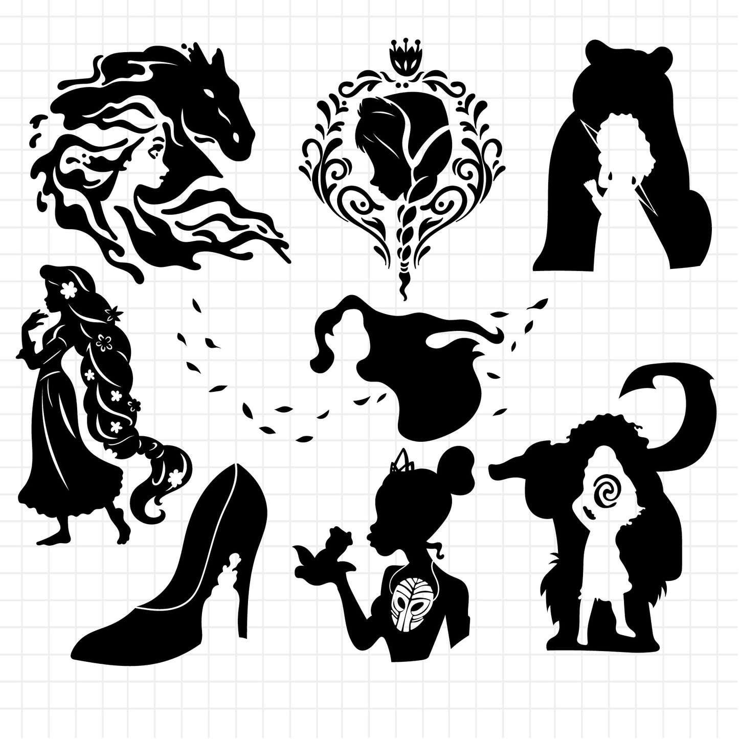 COD1217 - Disney Princess shadows bundle, Disney princess clipart Svg, Png, Eps, Dxf, Jpeg, vector.
