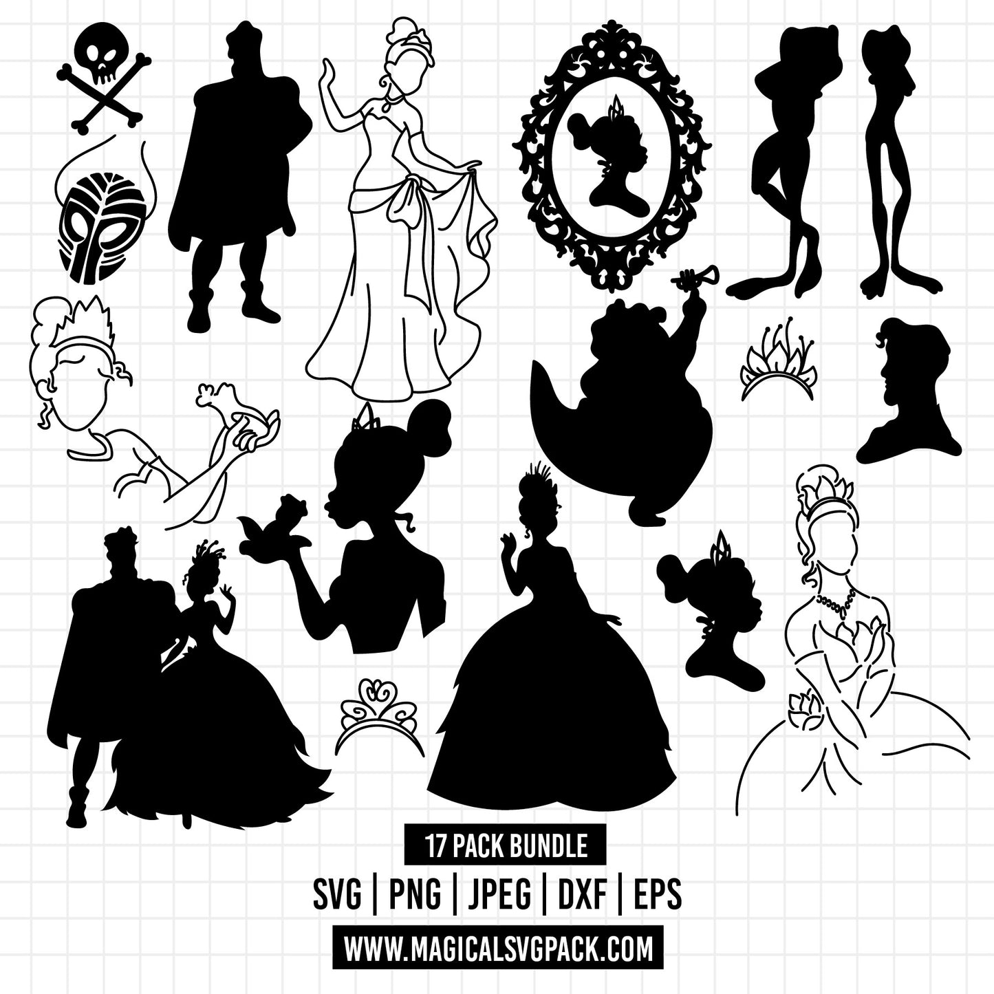 COD1218 - The princess and the frog silhouettes & icons bundle, Disney princess clipart Svg, Png, Eps, Dxf, Jpeg, vector.