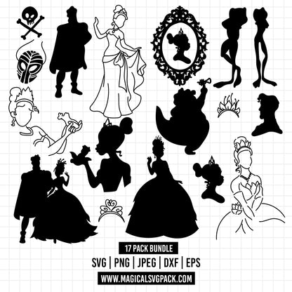 COD1218 - The princess and the frog silhouettes & icons bundle, Disney princess clipart Svg, Png, Eps, Dxf, Jpeg, vector.