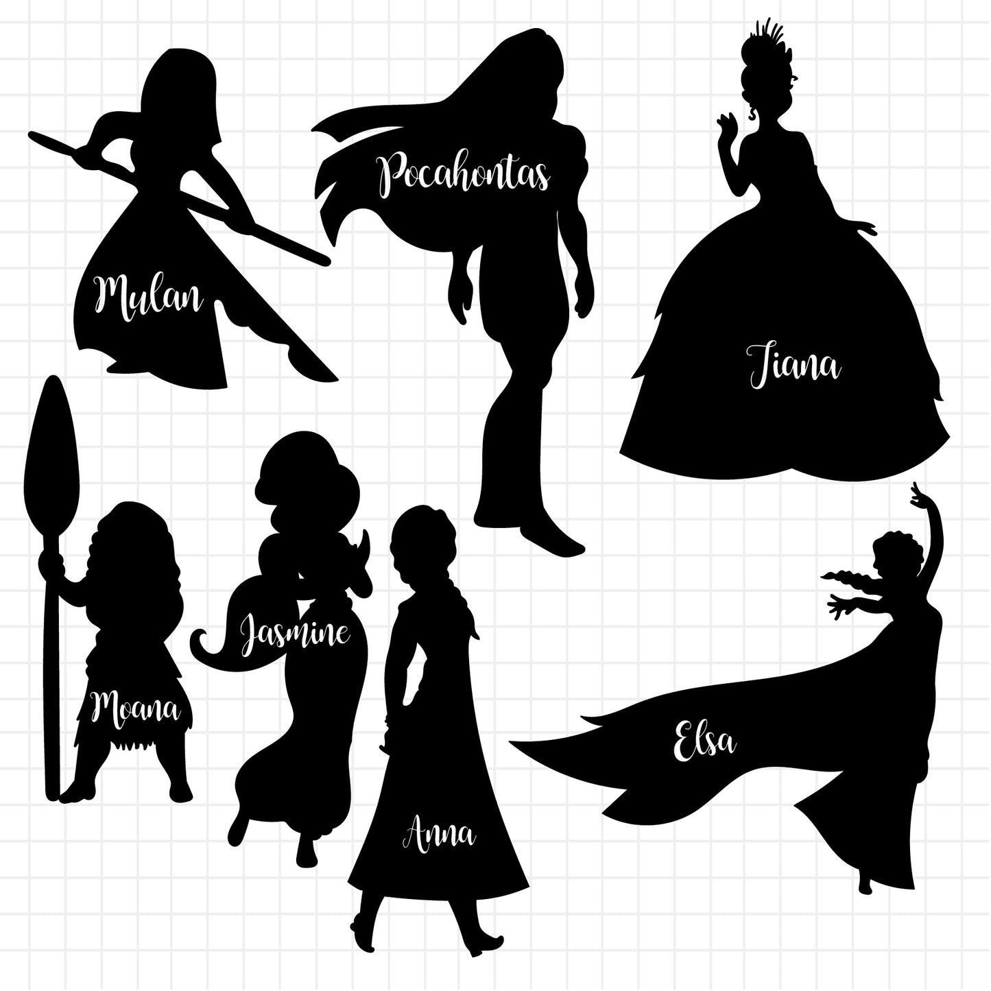 COD1251 - Disney Princess silhouettes bundle, Disney princess clipart Svg, Png, Eps, Dxf, Jpeg, vector.