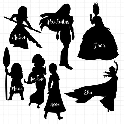 COD1251 - Disney Princess silhouettes bundle, Disney princess clipart Svg, Png, Eps, Dxf, Jpeg, vector.