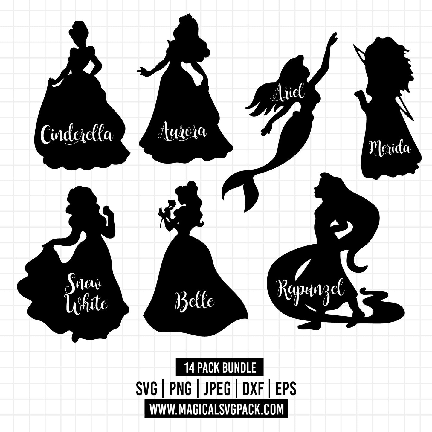 COD1251 - Disney Princess silhouettes bundle, Disney princess clipart Svg, Png, Eps, Dxf, Jpeg, vector.