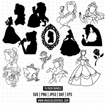 COD1253 - Beauty and the best silhouettes bundle, Disney clipart Svg, Png, Eps, Dxf, Jpeg, vector.