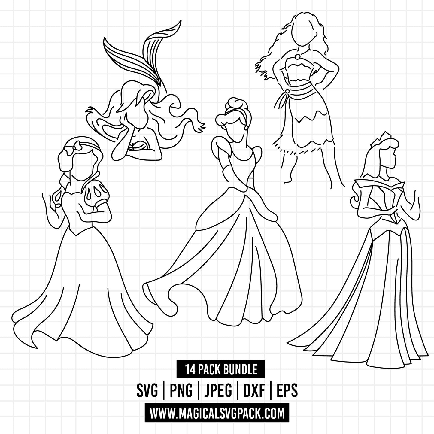 COD1255 - Disney Princess outline bundle, Disney princess clipart Svg, Png, Eps, Dxf, Jpeg, vector.