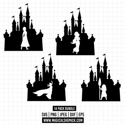 COD1346 - Disney Princess & Castles silhouettes bundle, Disney princess clipart Svg, Png, Eps, Dxf, Jpeg, vector.