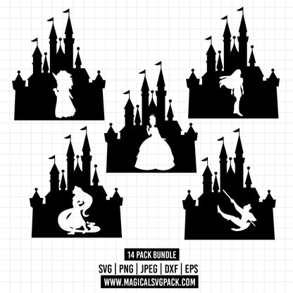 COD1346 - Disney Princess & Castles silhouettes bundle, Disney princess clipart Svg, Png, Eps, Dxf, Jpeg, vector.