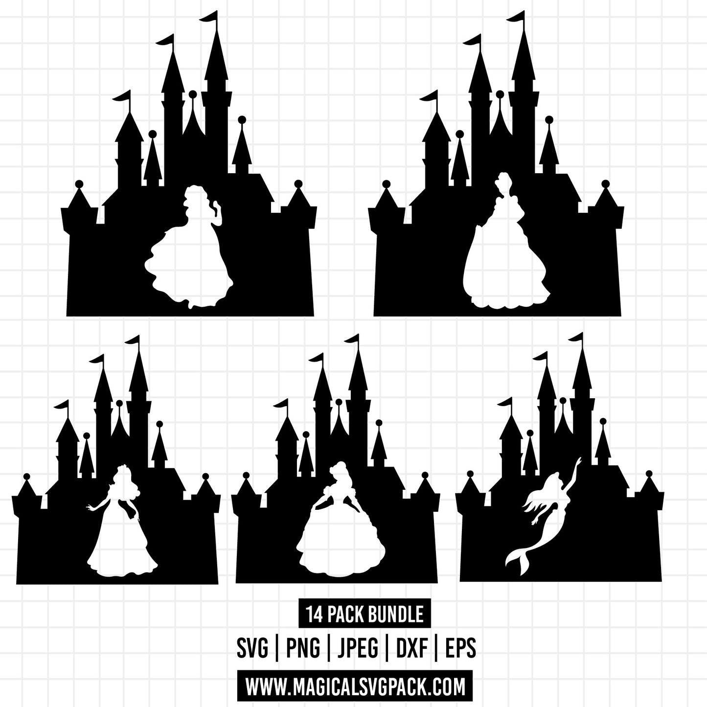 COD1346 - Disney Princess & Castles silhouettes bundle, Disney princess clipart Svg, Png, Eps, Dxf, Jpeg, vector.