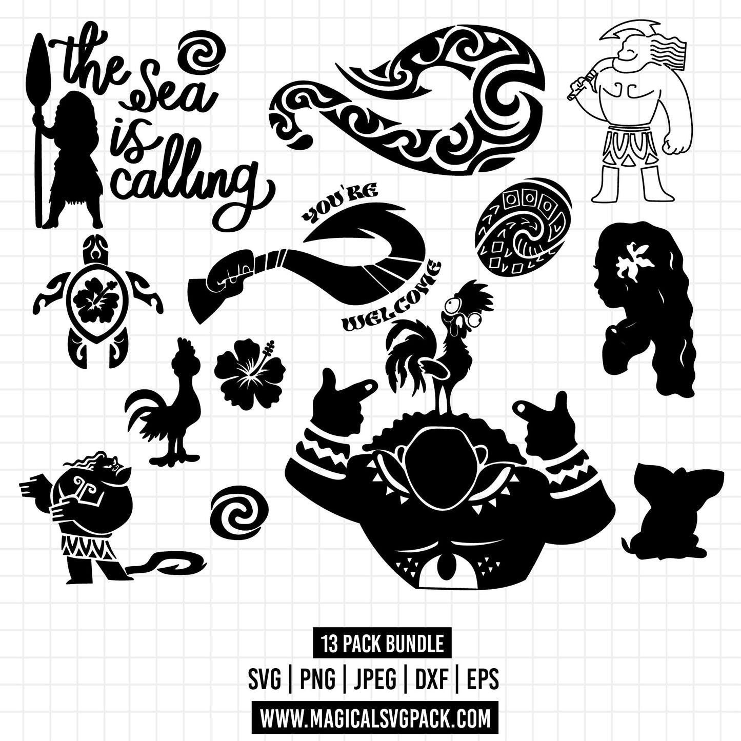 COD1349 - Moana icons & quotes bundle, Disney princess clipart Svg, Png, Eps, Dxf, Jpeg, vector.