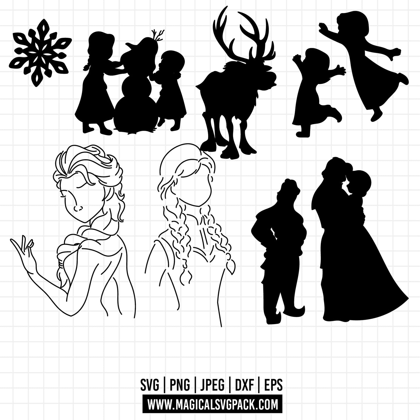 COD1365 - Frozen Silhouettes bundle, Disney princess clipart Svg, Png, Eps, Dxf, Jpeg, vector.