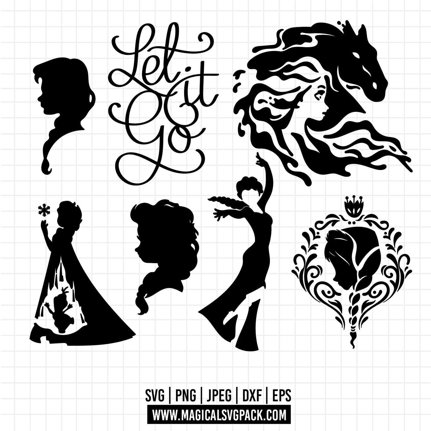 COD1365 - Frozen Silhouettes bundle, Disney princess clipart Svg, Png, Eps, Dxf, Jpeg, vector.