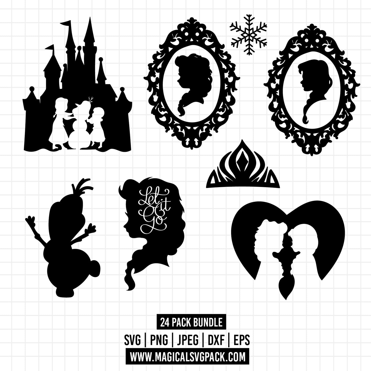 COD1365 - Frozen Silhouettes bundle, Disney princess clipart Svg, Png, Eps, Dxf, Jpeg, vector.