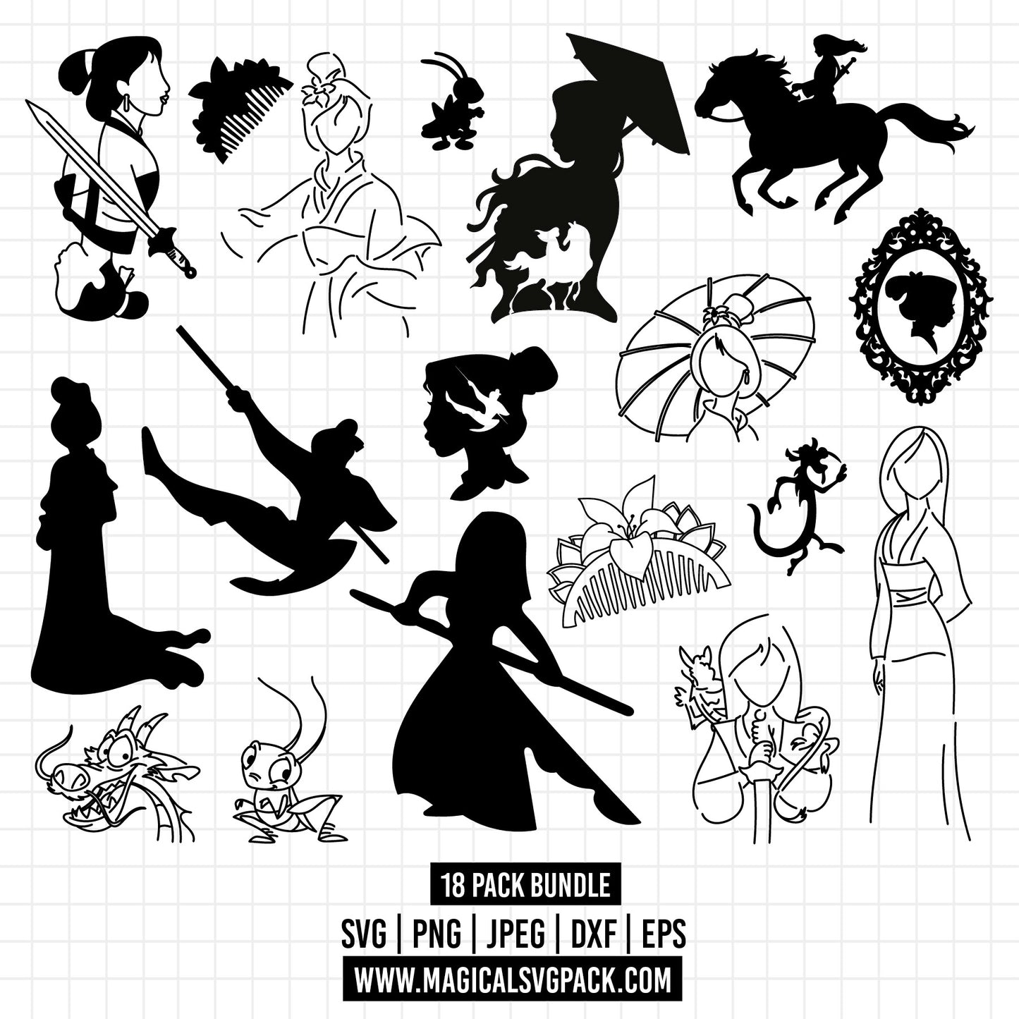 COD1371 - Mulan Silhouettes bundle, Disney princess clipart Svg, Png, Eps, Dxf, Jpeg, vector.