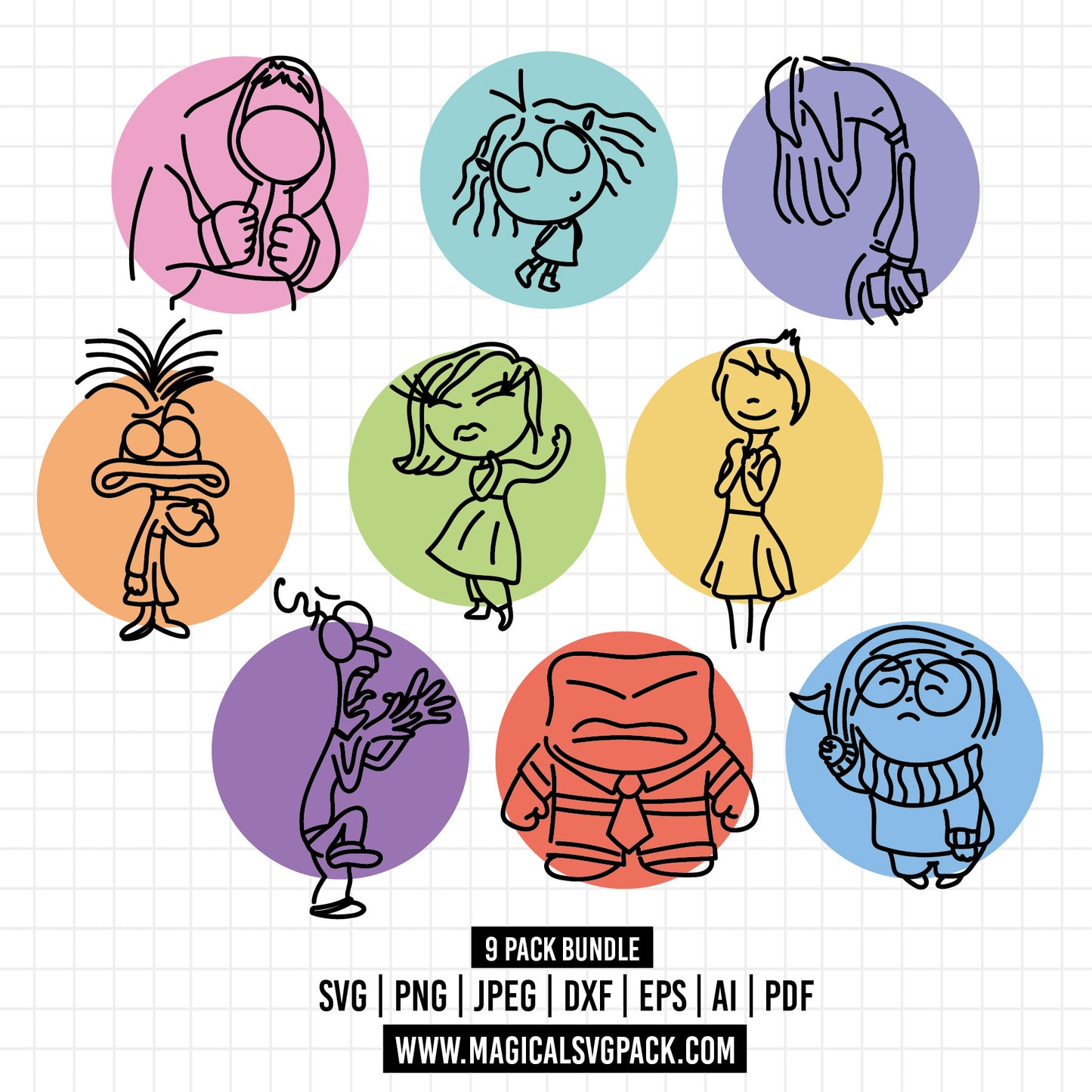 COD1453 - Inside Out outline bundle, Disney clipart Svg, Png, Eps, Dxf, Jpeg, vector.