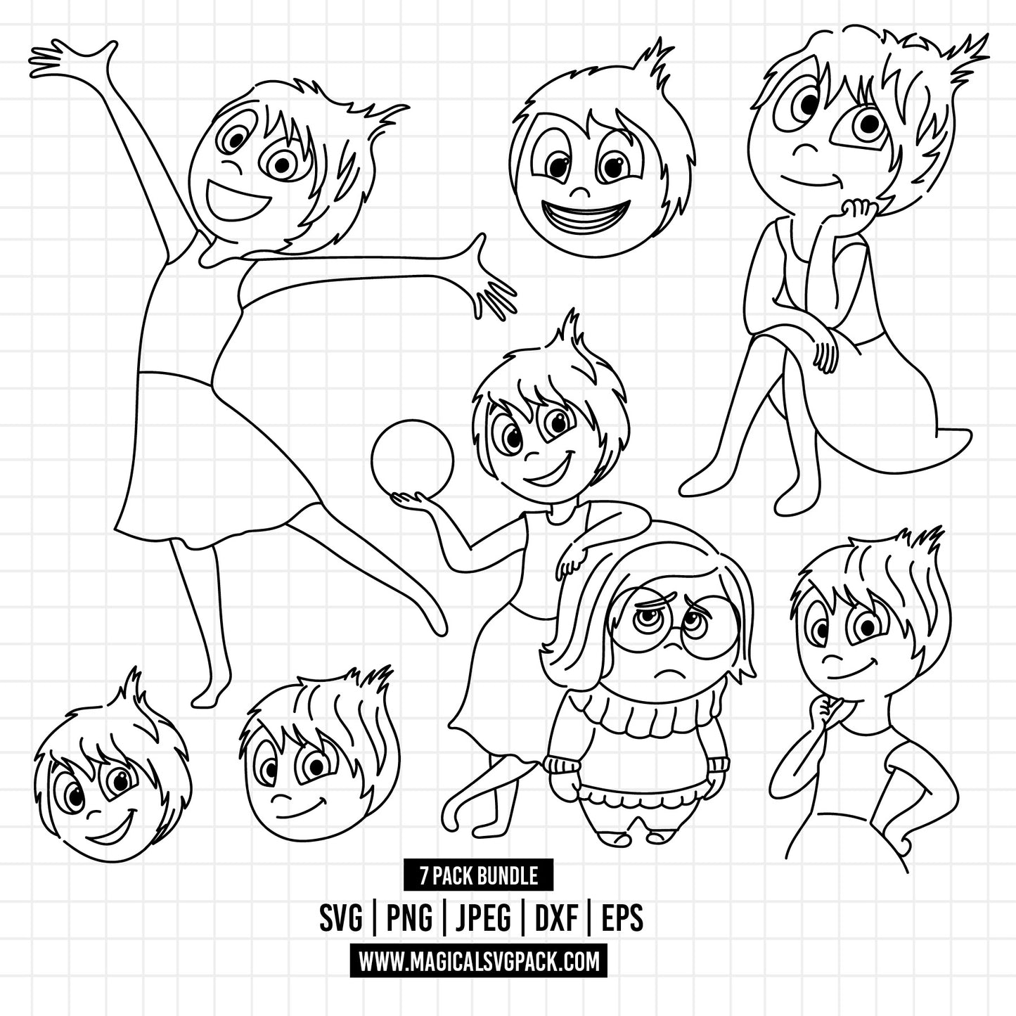 COD1485 - Joy, Inside Out bundle line art, Disney clipart Svg, Png, Eps, Dxf, Jpeg, vector.