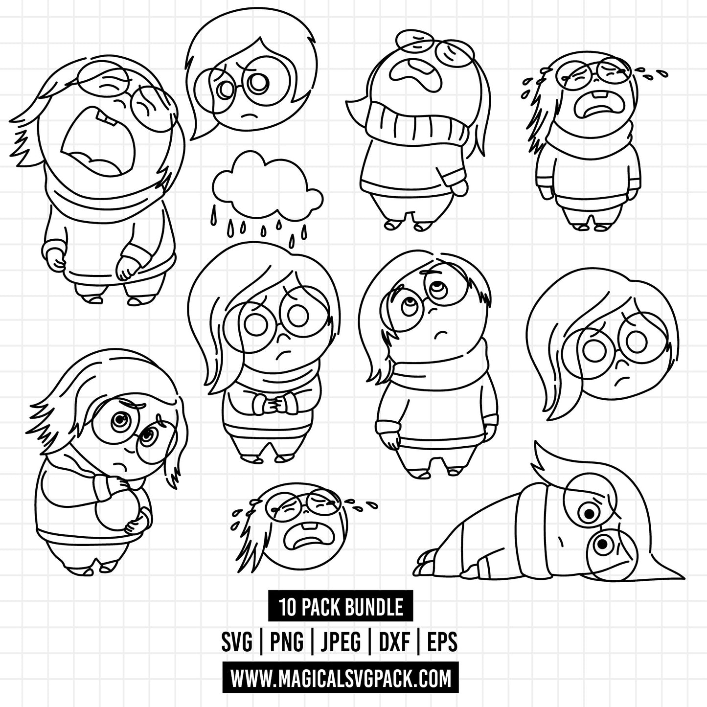 COD1488 - Sadness, Inside Out bundle line art, Disney clipart Svg, Png, Eps, Dxf, Jpeg, vector.