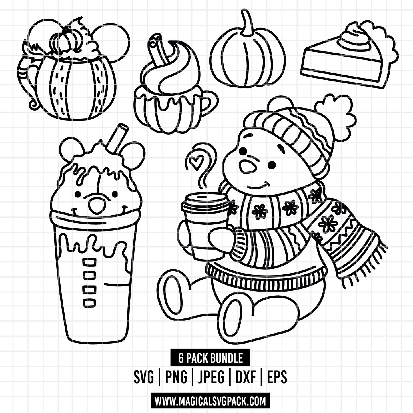 COD1563 - Winnie the Pooh autumn snacks bundle line art, Disney clipart Svg, Png, Eps, Dxf, Jpeg, vector.