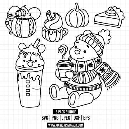 COD1563 - Winnie the Pooh autumn snacks bundle line art, Disney clipart Svg, Png, Eps, Dxf, Jpeg, vector.