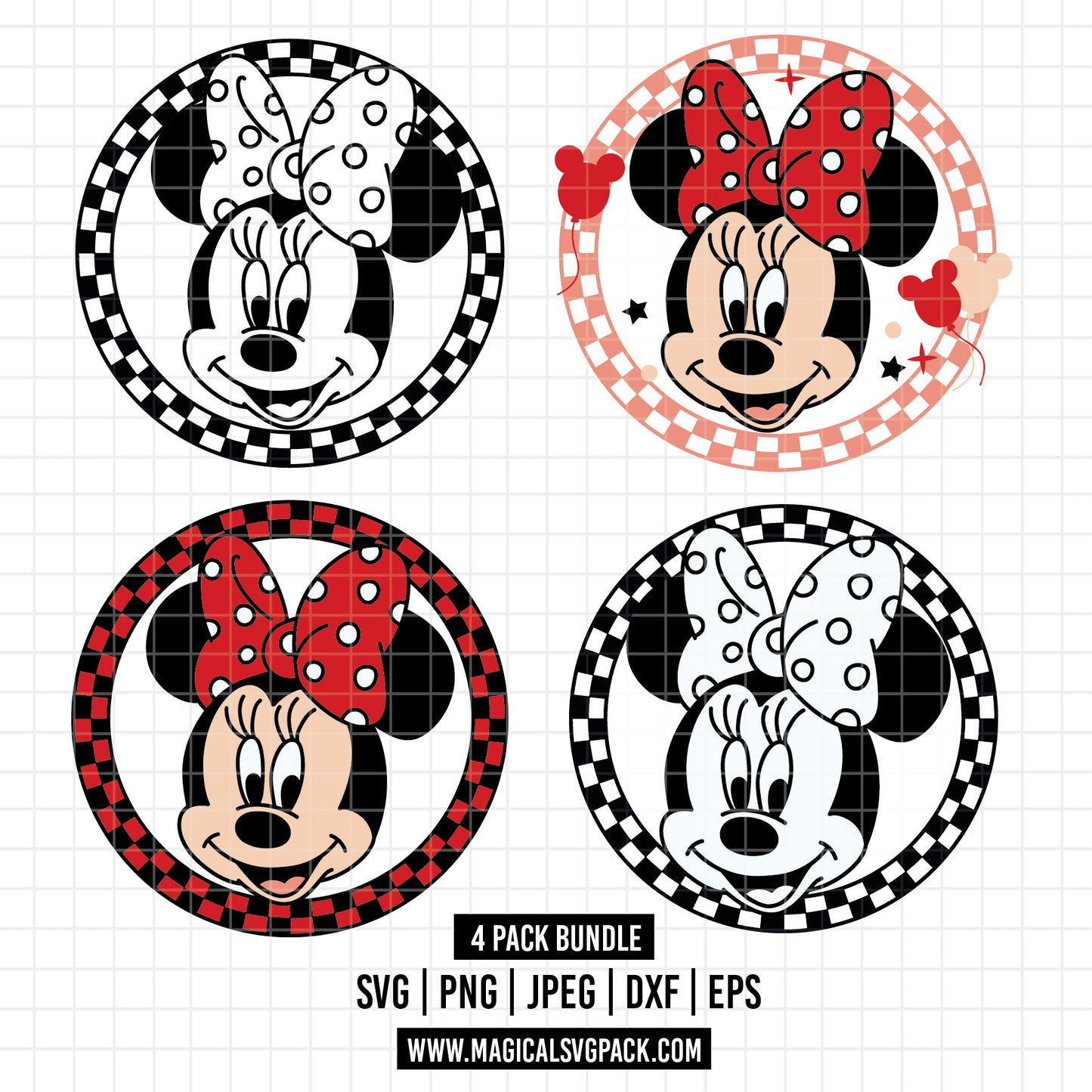 COD1591 - Minnie circle checkered bundle, Disney Classics clipart Svg, Png, Eps, Dxf, Jpeg, vector.