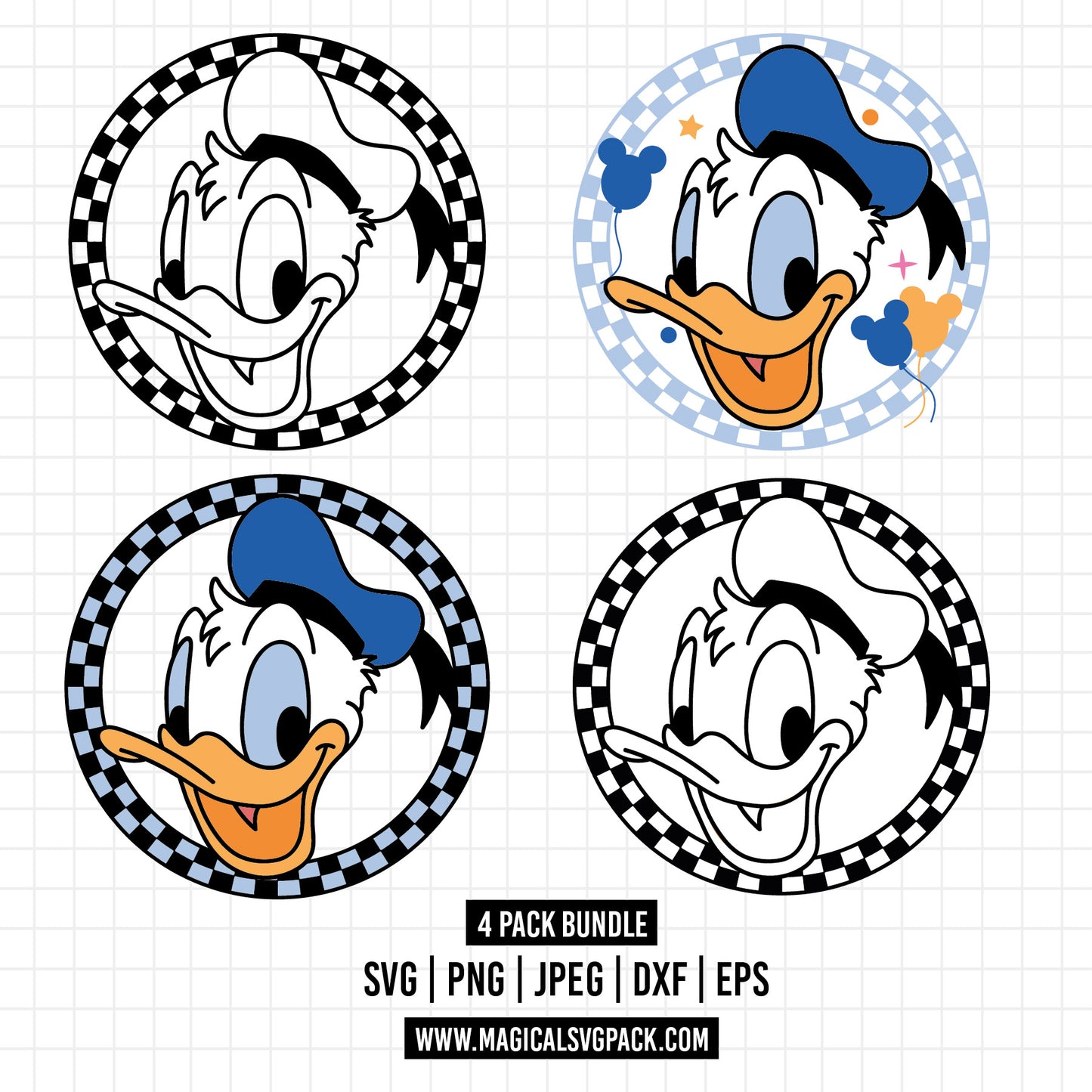 COD1629 - Donald circle checkered bundle, Disney Classics clipart Svg, Png, Eps, Dxf, Jpeg, vector.