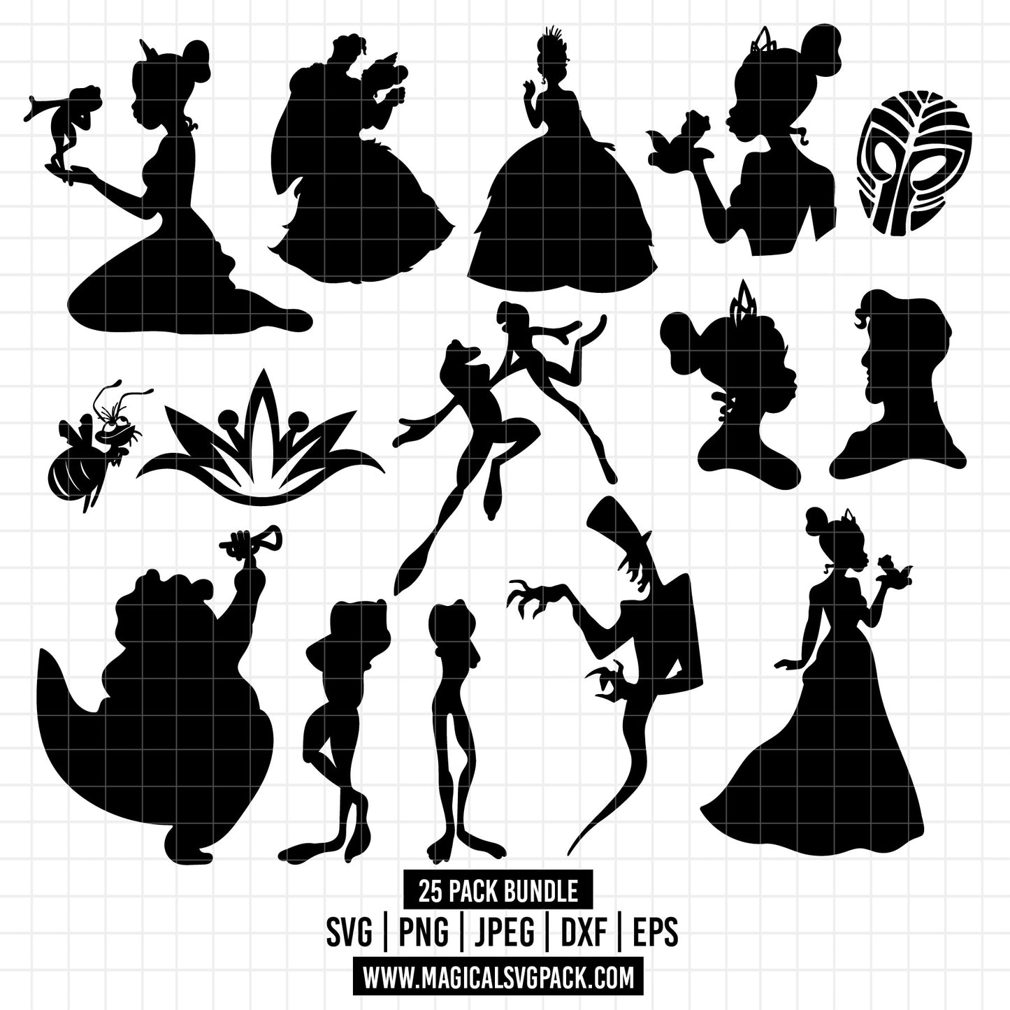COD1654 - The princess and the frog silhouettes bundle, Disney princess clipart Svg, Png, Eps, Dxf, Jpeg, vector.