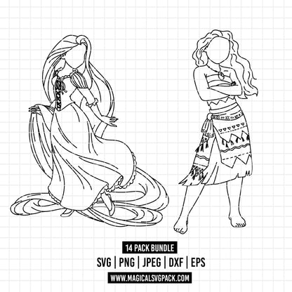 COD1656 - Disney Princess outline bundle, Disney princess clipart Svg, Png, Eps, Dxf, Jpeg, vector.