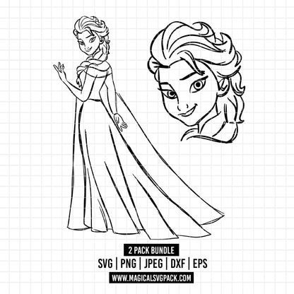 COD1658 - Princess Elsa Line art bundle, Disney princess clipart Svg, Png, Eps, Dxf, Jpeg, vector.