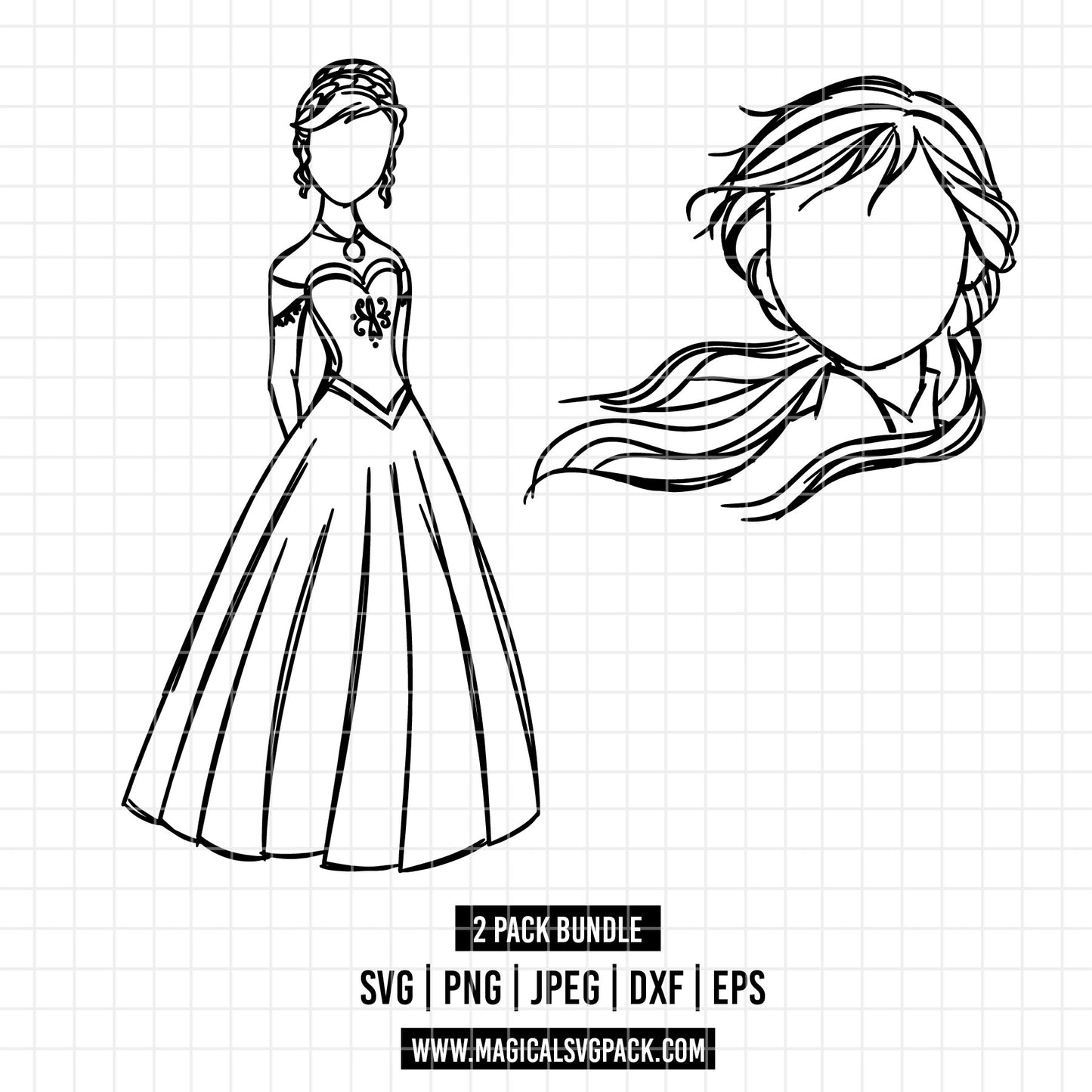 COD1663 - Princess Anna outline bundle, Disney princess clipart Svg, Png, Eps, Dxf, Jpeg, vector.