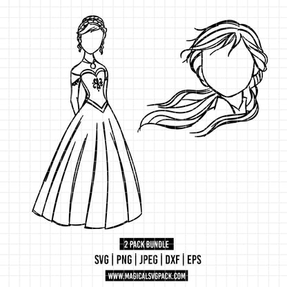 COD1663 - Princess Anna outline bundle, Disney princess clipart Svg, Png, Eps, Dxf, Jpeg, vector.