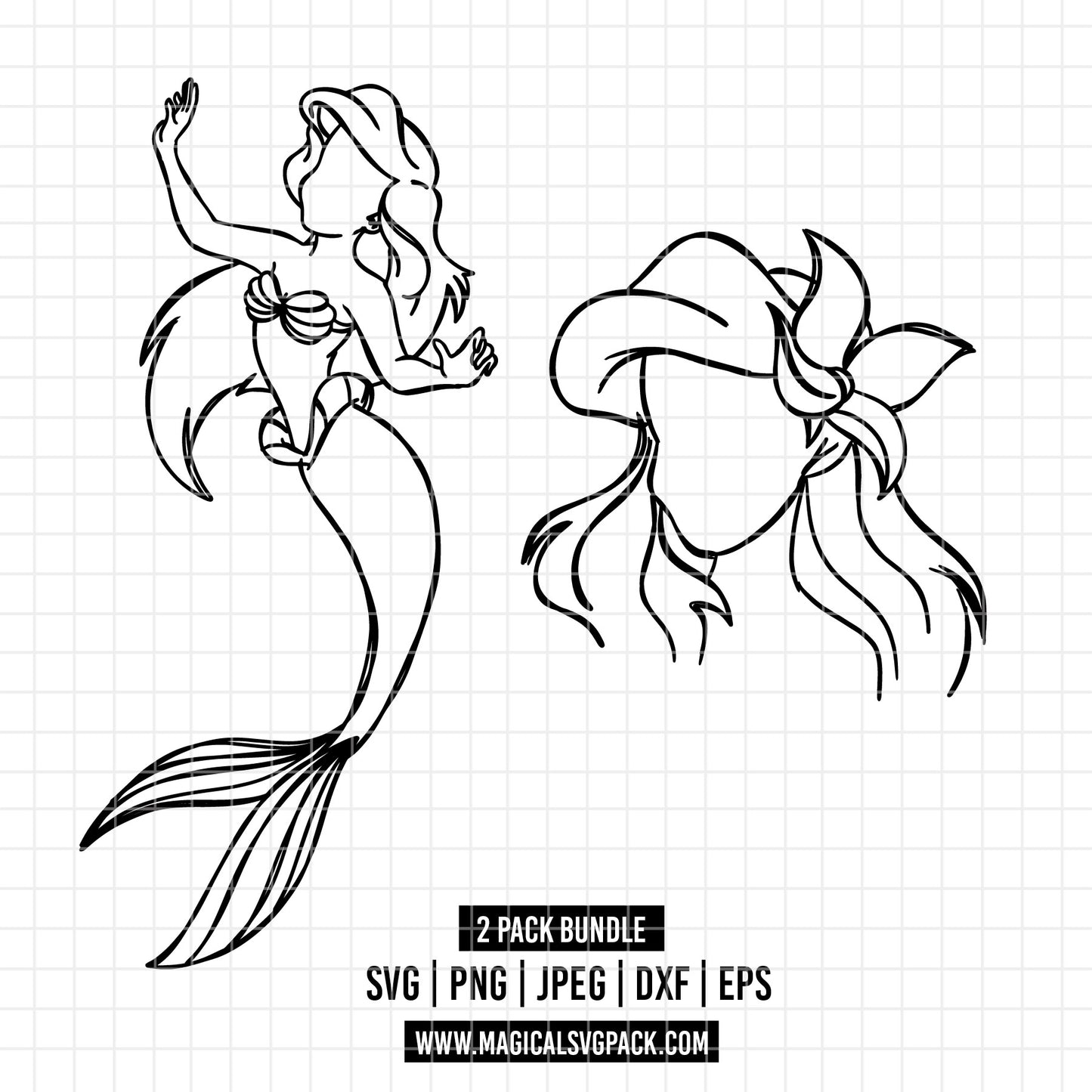 COD1664 - Princess Ariel outline bundle, Disney princess clipart Svg, Png, Eps, Dxf, Jpeg, vector.