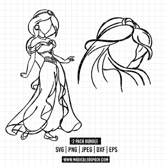 COD1666 - Princess Jasmine outline bundle, Disney princess clipart Svg, Png, Eps, Dxf, Jpeg, vector.