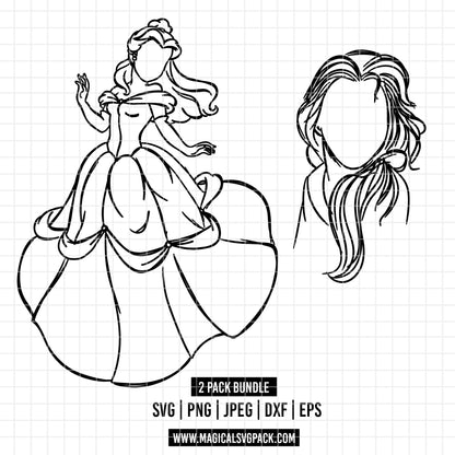 COD1667 - Princess Belle outline bundle, Disney princess clipart Svg, Png, Eps, Dxf, Jpeg, vector.
