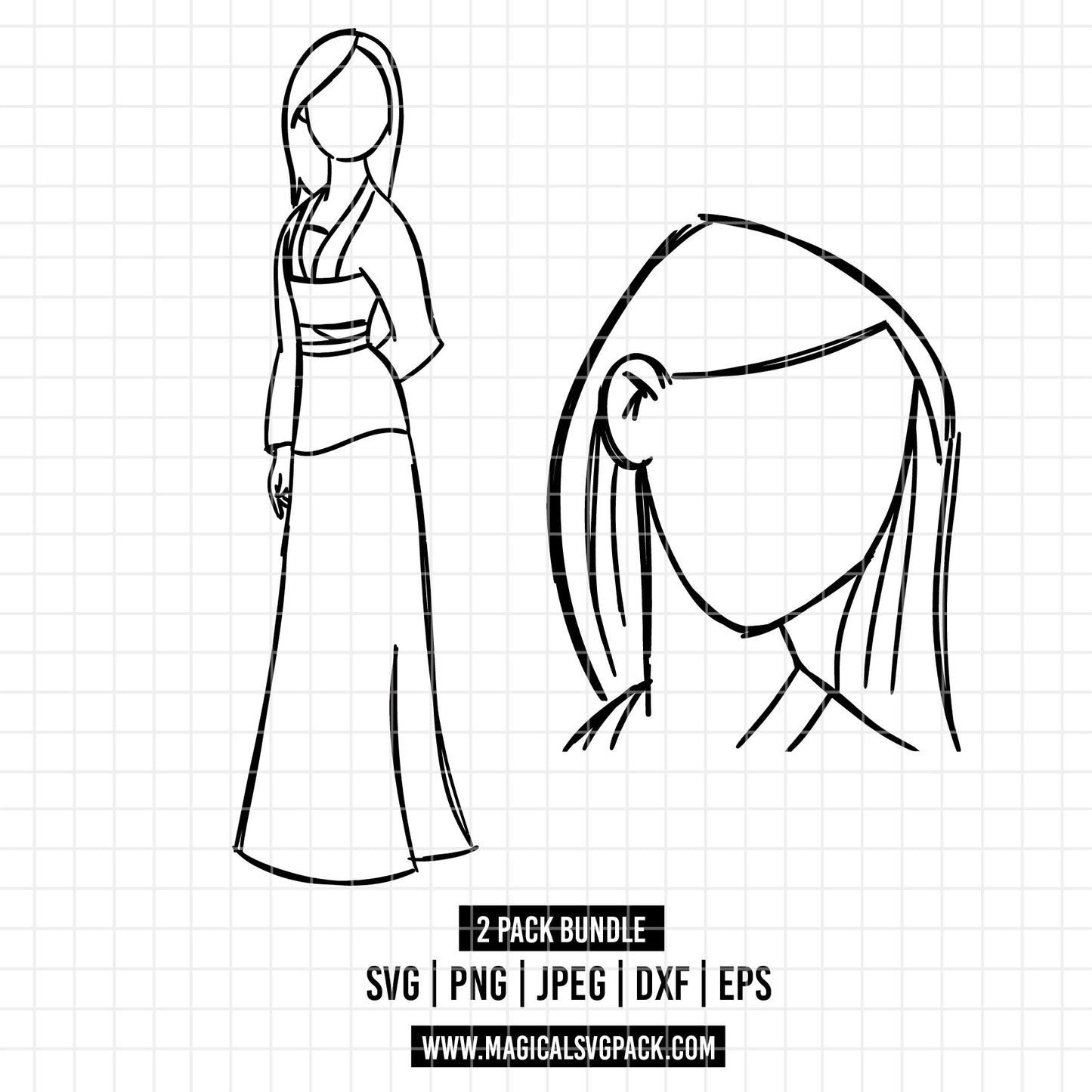 COD1671 - Princess Mulan outline bundle, Disney princess clipart Svg, Png, Eps, Dxf, Jpeg, vector.
