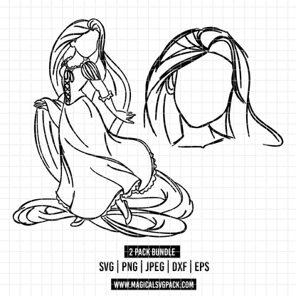 COD1672 - Princess Rapunzel outline bundle, Disney princess clipart Svg, Png, Eps, Dxf, Jpeg, vector.