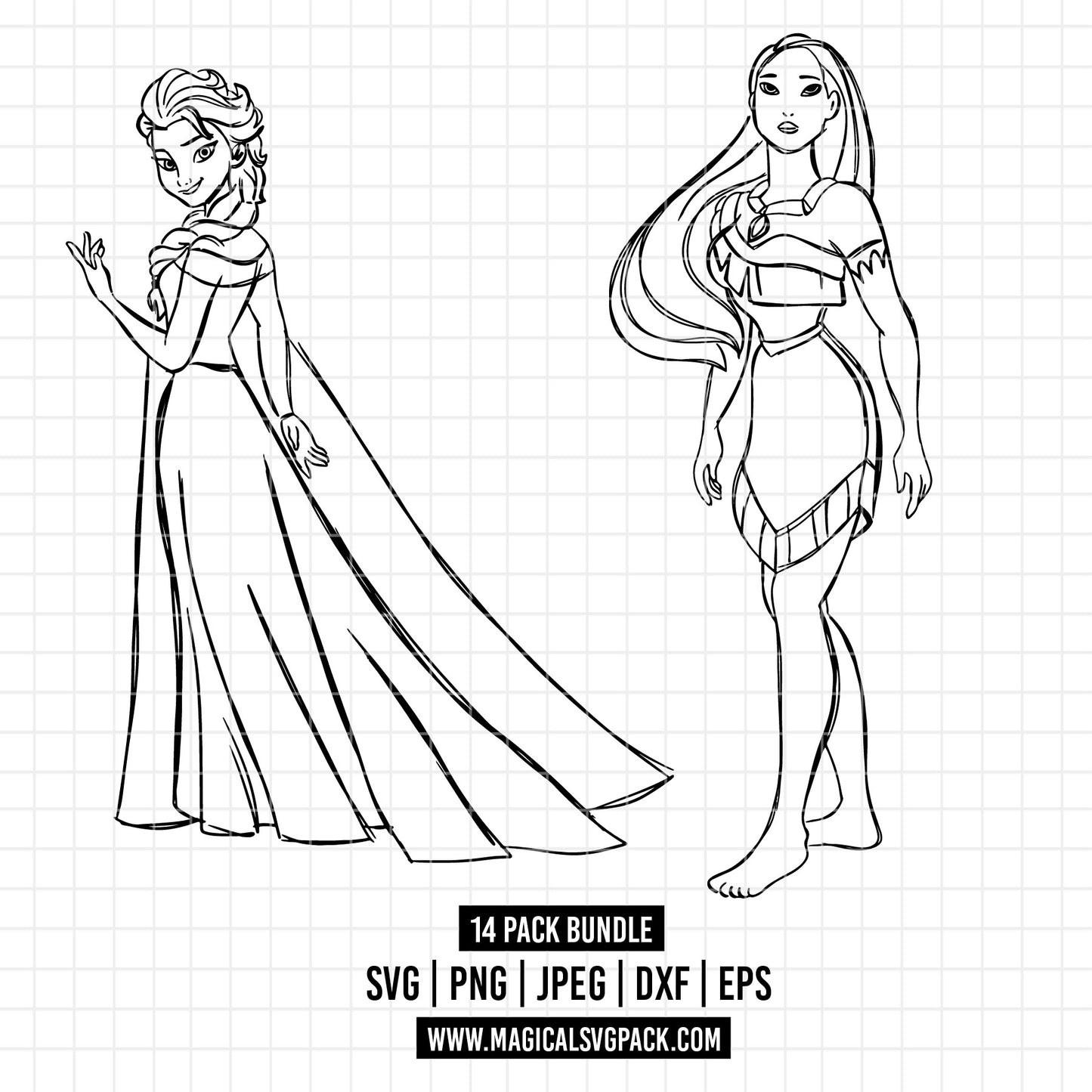 COD1673 - Disney Princess line art bundle, Disney princess clipart Svg, Png, Eps, Dxf, Jpeg, vector.